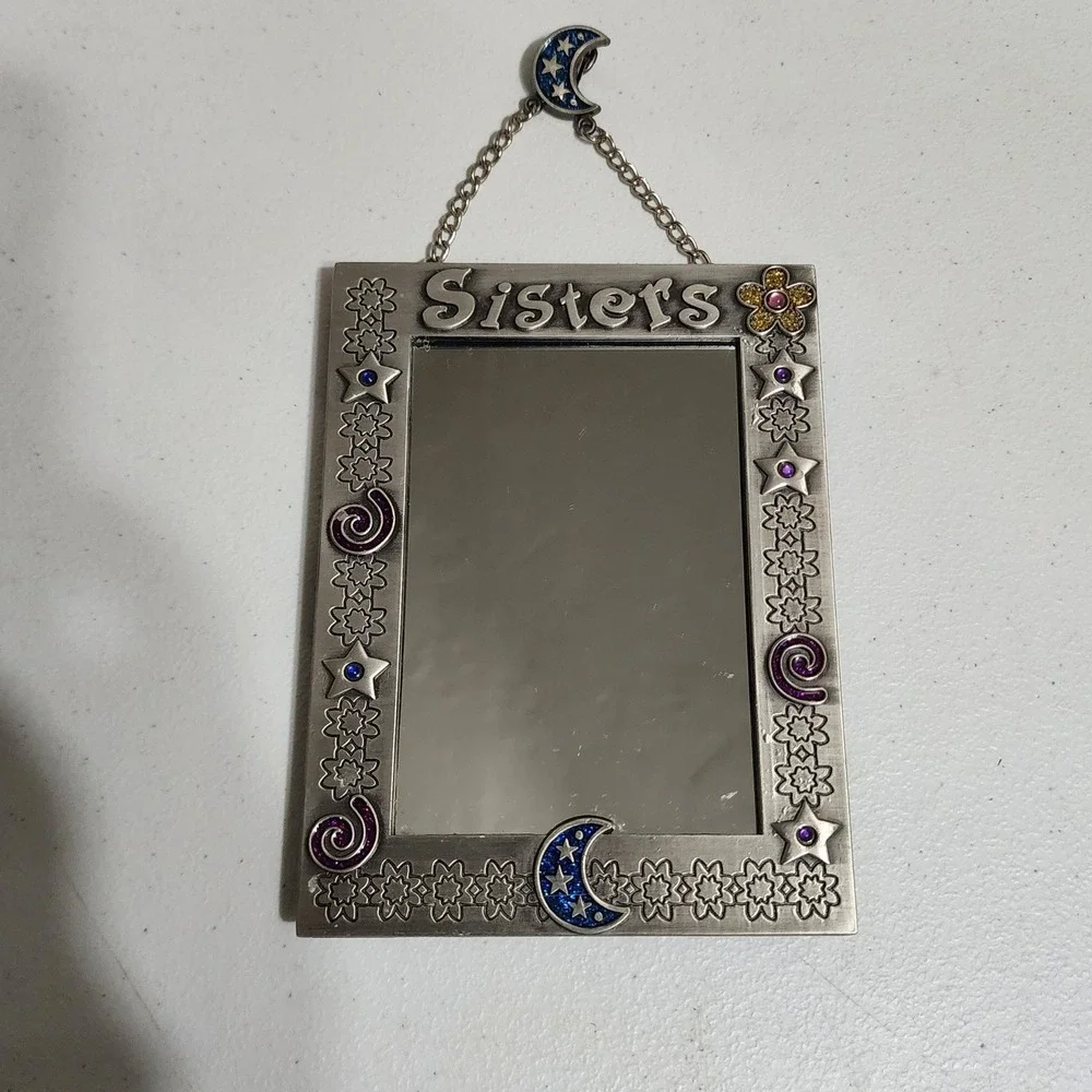 Enchante Sisters Celestial Mirror Pewter Tone Moon Stars Hanging Easel Back